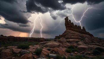 Rock formation in a storm, lightning highlighting rugged textures against dark clouds photo