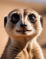 Close up of a male meerkat, eyes wide and alert, with fur texture emphasized against a blurred desert background photo