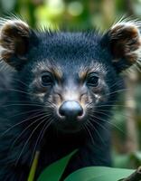 Extreme close up of a female binturong with her distinctive face and whiskers The fine details of her fur and the clarity of her facial features are captured against a blurred jungle background photo
