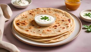 Freshly made aloo paratha paired with creamy yogurt on the side photo