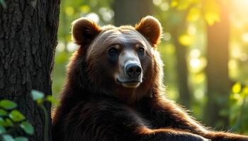 Professional portrait of a brown bear resting against a tree, with a soft focus forest background and dappled sunlight highlighting its features photo