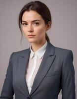 British woman in a sharp business suit, looking confident and inviting against a neutral background photo