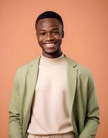 Smiling Nigerian man in stylish casual wear, giving a confident look with a simple background photo