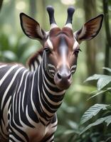 Okapi with unique striped legs and attentive expression captured in soft jungle light photo