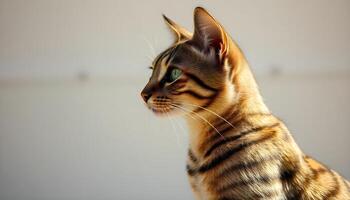 Sokoke cat with green eyes and a marbled coat, bathed in soft natural light photo