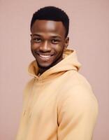 Stylish Nigerian man with a joyful expression, dressed in trendy clothes, smiling at the camera photo