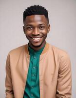 Nigerian man with a big smile in stylish casual clothes, confidently looking at the camera against a minimal background photo