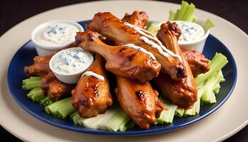Crispy buffalo wings with a side of celery sticks and indulgent blue cheese dressing photo