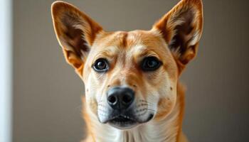 Canaan Dog with dark eyes and an alert expression against a neutral blurred background photo