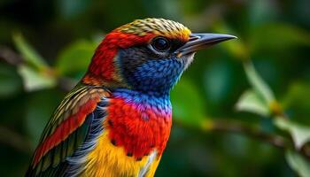 Close up of a songbird, vivid plumage, intricate feathers, with a soft blurred green foliage background photo