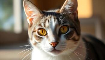Close up of a gray white cat, bright yellow eyes, soft fur, sunlight casting gentle shadows in background photo