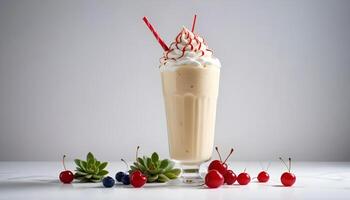 A milkshake with whipped cream and cherries photo