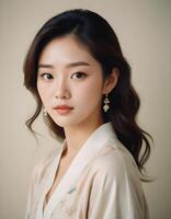 Elegant Korean girl with smooth complexion and soft features, against a plain background photo