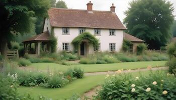 Bucolic farm life with a charming farmhouse and flourishing garden patch photo