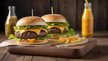 Deliciously juicy burger with cheese and crisp lettuce on a rustic wooden table photo