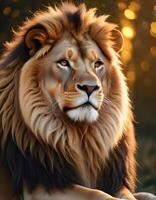 Fierce lion with an illuminated golden mane and sharp stare photo