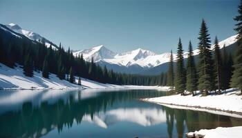 Pristine Mountain Landscape with Snowy Summits and a Peaceful Lake photo