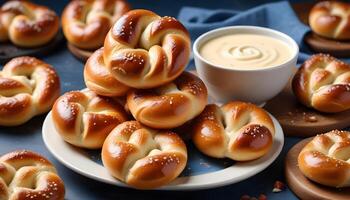 Bite sized soft pretzels served with a smooth and savory cheese dip photo