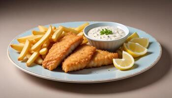 Golden fried fish with crunchy chips, tartar sauce, and a squeeze of lemon photo