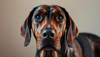 Close up of Plott Hound with alert expression and short coat in blurred background photo