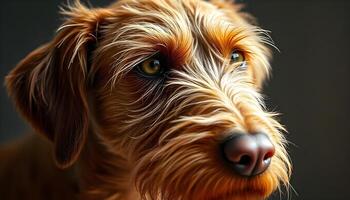 Close up of Wirehaired Vizsla with wiry golden coat and attentive demeanor in soft light photo