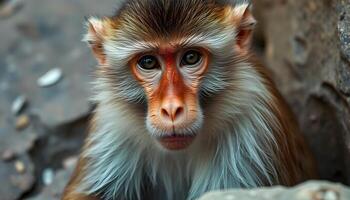 Close up portrait of a male macaque, emphasizing its thick fur and sharp gaze, surrounded by rocky terrain photo