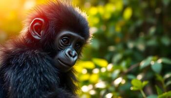 Close up of a baby gorilla with playful eyes, fluffy black fur, and a sunlit forest in the background photo