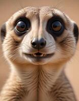 Inquisitive male meerkat with sharp gaze and detailed fur, captured in soft desert light photo