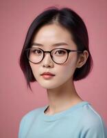 Chinese model with glasses, displaying intelligence and self confidence against a solid background photo
