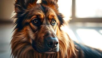 Close up of a Belgian Tervuren with intense amber eyes, long and flowing fawn coat, focused gaze, natural lighting creating a warm glow, neutral blurred background, alert and calm demeanor photo