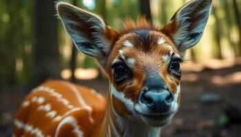 Female bongo with textured striped coat and intense gaze surrounded by forest greenery photo