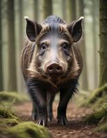 Male wild boar with rugged features, sharp tusks, and coarse fur against a blurred forest backdrop photo