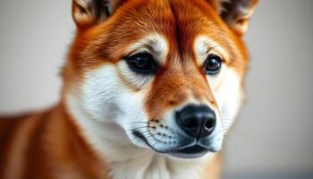Close up of Shiba Inu with sharp gaze and textured coat in gentle lighting photo