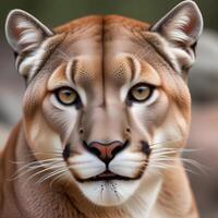 Close up portrait of a male mountain lion with sharp whiskers and an intense gaze photo