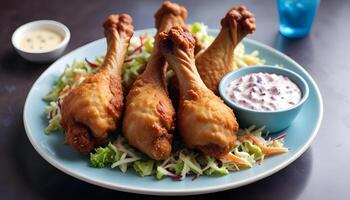Fried chicken drumsticks with a crunchy crust, paired with coleslaw and dip photo