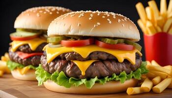 Double cheeseburger with melted cheese and a side of crispy fries photo