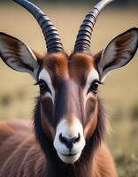Captivating expression of a female sable antelope with sharp focus on her fur and eyes photo