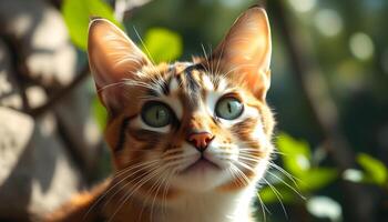 Front view of a calico cat with a sharp, focused expression and beautifully defined fur pattern photo