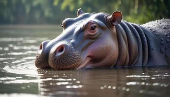 Young hippopotamus with a wet snout and bright eyes, highlighting textured skin details photo