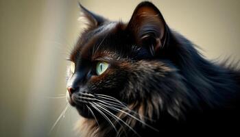 Side view of a black cat with luminous green eyes and detailed fur against a blurred background photo