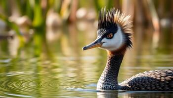 Great Crested Grebe Floating on a Calm Lake, Highlighting Its Intricate Feather Patterns and Bright Red Eyes photo