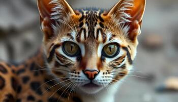 Spotted Cheetoh cat with striking amber eyes and focused expression in blurred background photo