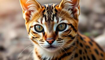 Cheetoh cat with detailed spotted markings and piercing amber eyes in a serene setting photo