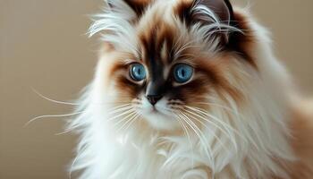 Fluffy Ragdoll cat with blue eyes and soft fur against a neutral blurred background photo