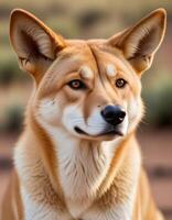 Dingo with bright eyes and textured coat captured in serene outback setting photo