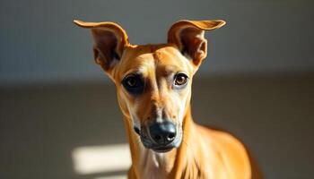 Detailed close up of an Ibizan Hound, highlighting its smooth fur texture, graceful features, and soft natural light creating a refined appearance photo