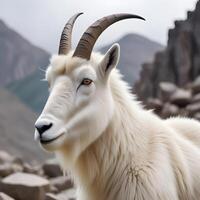 Close up of a female mountain goat with curved horns and alert eyes photo