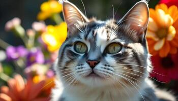 Detailed close up of a gray and white cat, emphasizing its fur texture, bright gaze, and the way natural light enhances the depth of its features photo