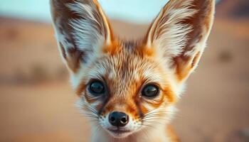 Close up of a female fennec fox with prominent ears and intense gaze, set against a desert backdrop photo