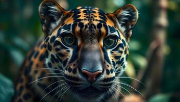 Close up portrait of a female clouded leopard in the rainforest with intense expression photo